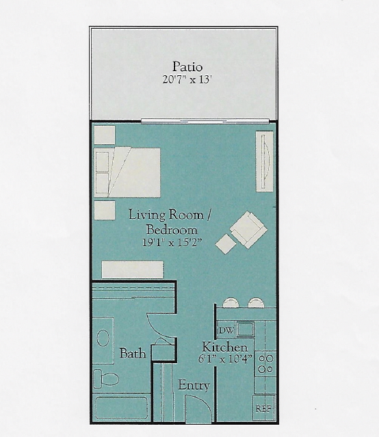 Floor plan for studio, 1 bath, 600 sqft